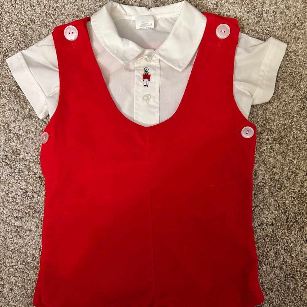 VINTAGE 2 pc Baby Boy Red Overall Romper Outfit 18mo embroidered velvet soldier